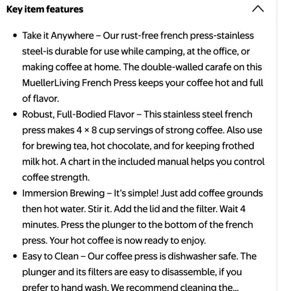 Mueller Living French Press Coffee Maker 34oz, Stainless Steel, Double Insulated - Picture 10 of 10